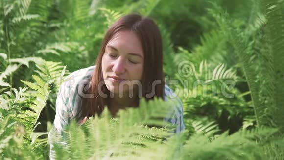一个女人坐在蕨类植物丛中笑视频的预览图