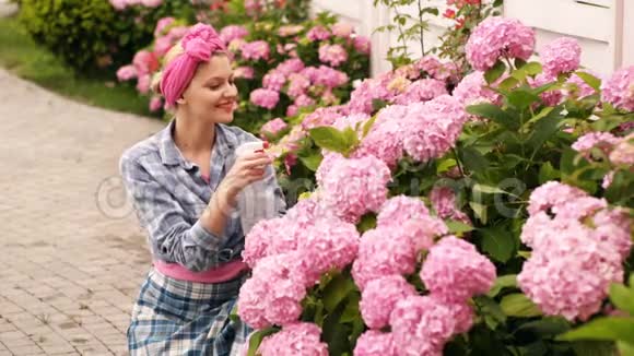 女人在乎在花坛里喷粉花女人在乡下房子里关心粉红色的花护理概念视频的预览图