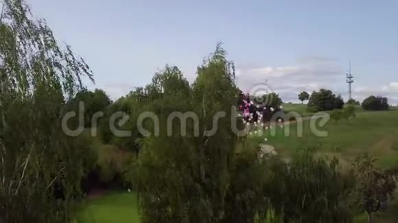 五颜六色的气球从高尔夫球场飞向天空4K视频的预览图
