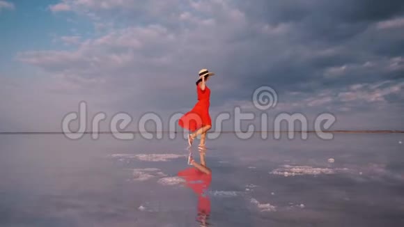 一个穿着飘舞裙子的徒步女孩走在一个粉红色的盐湖上那里的天空被反射视频的预览图