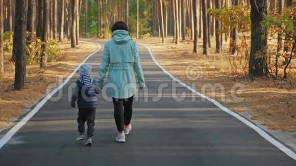 妈妈和她的小儿子在秋天的松林里散步视频的预览图