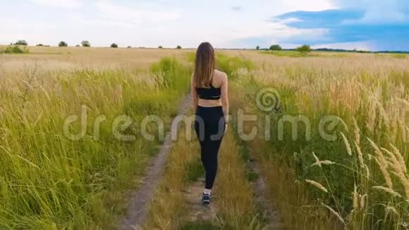 运动青年女子在美丽的田野上走在乡间的路上户外健身用定心丸射击视频的预览图