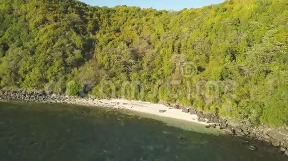 美丽的热带岛屿和海浪沙岸鸟瞰拍摄绿色阿波岛覆盖热带视频的预览图