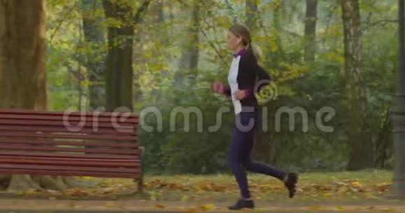健身女孩在城市公园的晨光中奔跑视频的预览图