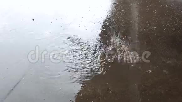 在雨天靠近雨滴落在水坑上表面的圆圈图案泼水恶劣天气视频的预览图