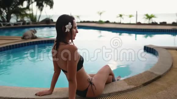 性感女人坐在热带度假游泳池旁视频的预览图