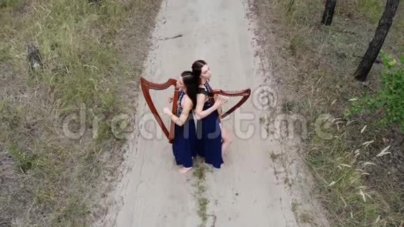 从无人驾驶到两个女竖琴手站在森林道路上演奏竖琴视频的预览图