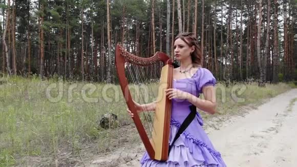 女竖琴手带着竖琴沿着一条森林的道路行走视频的预览图