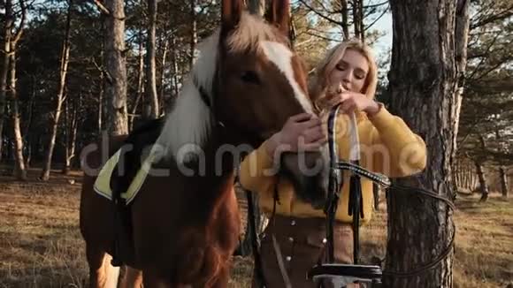 体贴的金发女孩把马具放在她最喜欢的马身上准备在一个木头慢动作中骑马视频的预览图