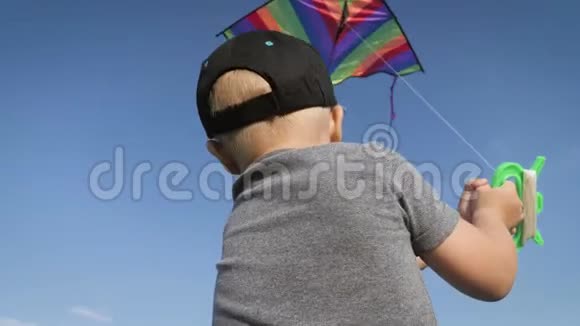 阳光明媚的一天快乐的小男孩在草地上玩风筝夏季概念视频的预览图