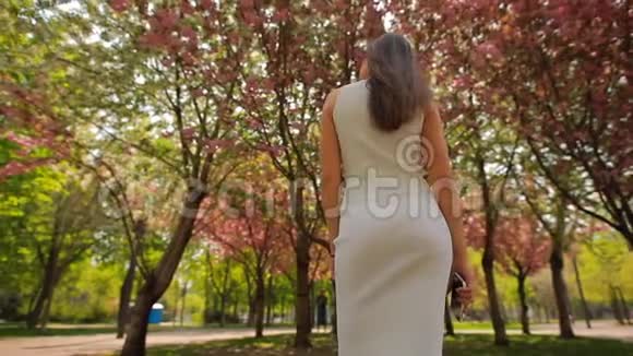 在夏季公园看花树摸头发的女人的后景视频的预览图