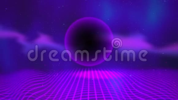 运动复古紫色球体和网格带有噪音和扭曲的抽象背景视频的预览图