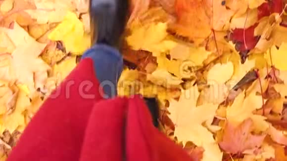 漫步在秋天的公园里鞋子踩着落叶照相机从上面从第一个人身上射出视频的预览图