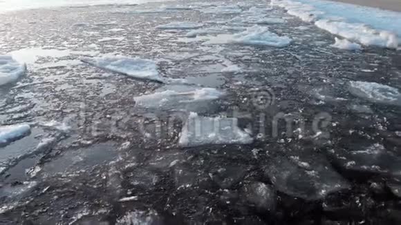 冰层靠近海岸特写冰冷的水中的冰飘飘浮着视频的预览图