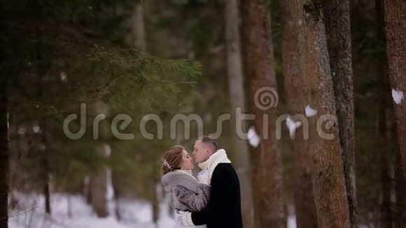 那家伙在一片美丽的白雪皑皑的冬林里轻轻地吻着他的女朋友打得好很好的背景视频的预览图