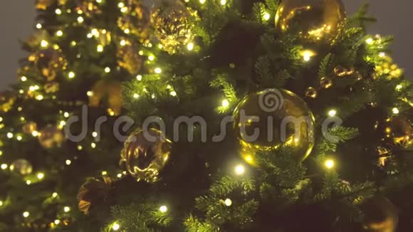 圣诞球的金色和花环与灯泡在圣诞树的树枝近景视频的预览图