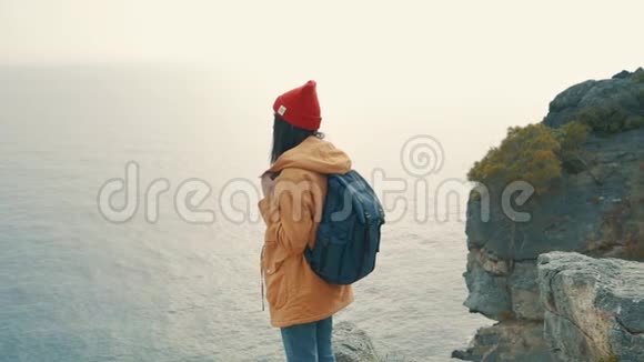 旅游女孩背着背包站在悬崖边上欣赏美丽的风景视频的预览图