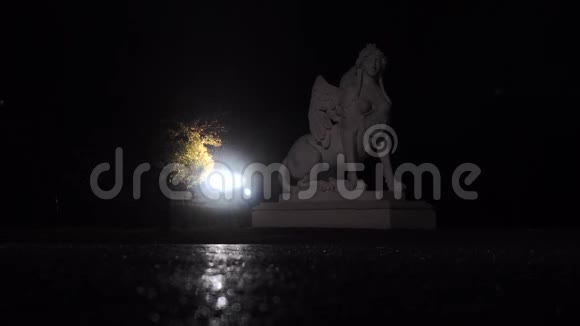 贝尔维代宫雨的夜间录像前景上有雕像和雨滴视频的预览图