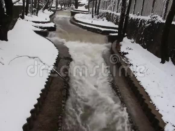 卢达马拉佩特里希河1月的一个短片一条覆盖着雪和流动的冬季河流视频的预览图