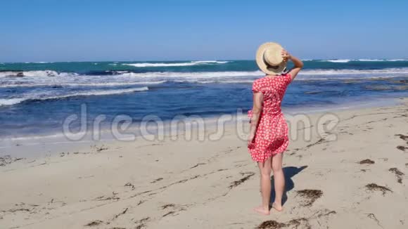 白种人女人戴着红色的帽子看着暴风雨的大海和地平线站在塞浦路斯的沙滩上视频的预览图