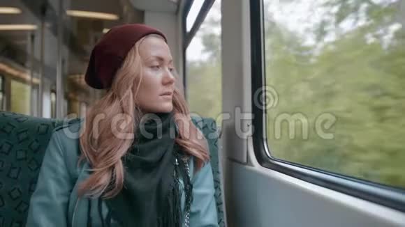 蓝眼睛的年轻女孩坐地铁或有轨电车她心烦意乱很紧张慢动作视频的预览图