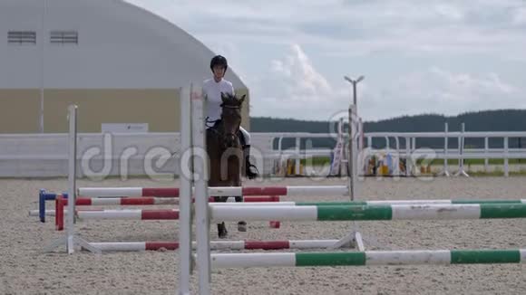 骑着棕马在户外跑酷竞技场的障碍物上跳跃视频的预览图