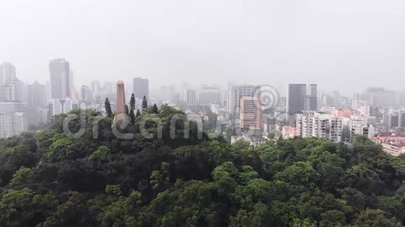 低空飞过茂密的树木逐渐俯瞰这座城市视频的预览图