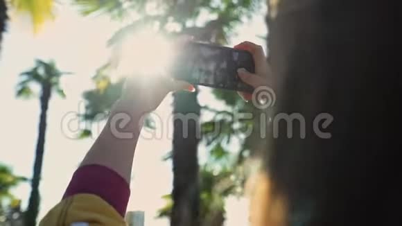 女孩在智能手机上拍摄棕榈树的照片视频的预览图
