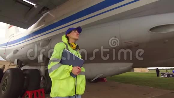 女专家机械师在飞机起飞前进行技术检查视频的预览图