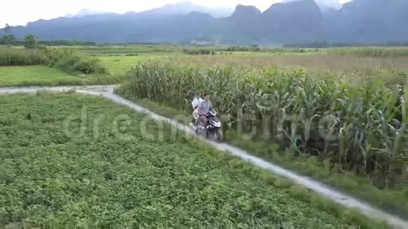 傍晚上景夫妇骑着滑板车经过玉米地视频的预览图