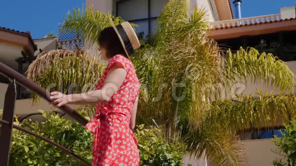 年轻漂亮的女人穿着红色的裙子戴着帽子和太阳镜站在酒店花园的桥上树上有棕榈树慢动作视频的预览图