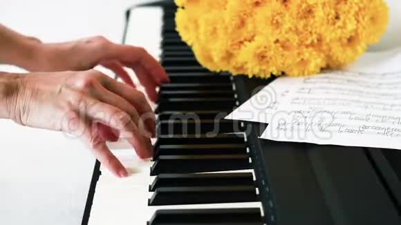 弹钢琴的女人钢琴键盘上的黄菊花接近白色背景视频的预览图