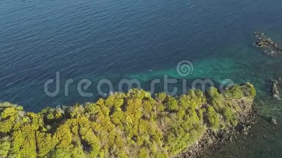 碧绿的海水和绿色的悬崖空中景观无人机视野清澈的海水和热带岩石海岸视频的预览图