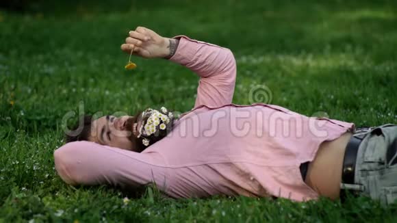 在阳光明媚的日子里海皮斯特躺在绿草如茵的草地上放着蒲公英放松的概念一个留着洋甘菊的人在胡须上放松男子视频的预览图