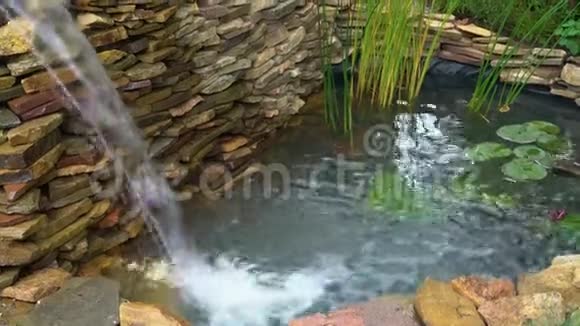 在一个装饰的小池塘里倒着喷水瀑布视频的预览图