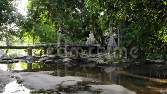 在黑拉德国家的绿色丛林中传统寺庙外的河边的白佛像视频的预览图