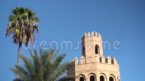一座古老的塔立在棕榈树旁边阿拉伯国家旧的黄砖基本观点视频的预览图