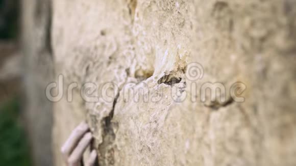攀登时刻特写镜头中的女人的手在黄岩上抓着石头视频的预览图