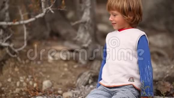 可爱的男孩在森林里玩一个小男孩从地上的石头上站起来跑到一把旧塑料椅子上爬上去视频的预览图