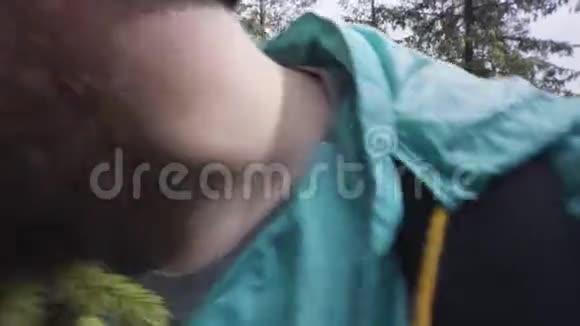 靠近路过镜头的徒步旅行者在森林里摸着他肩膀旁的一棵松树树枝库存英尺视频的预览图