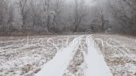 照相机在积雪的乡间小路上滑动在雪林小道上行走的视角视频的预览图