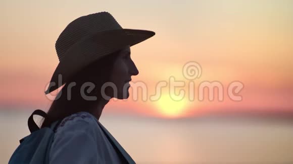 可爱的游客潮女享受自由欣赏美丽的日落海景视频的预览图