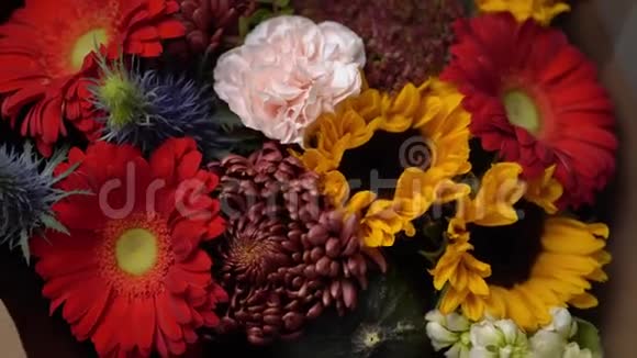 格贝拉装饰向日葵星宿在一个美丽的花束包装在工艺纸视频的预览图