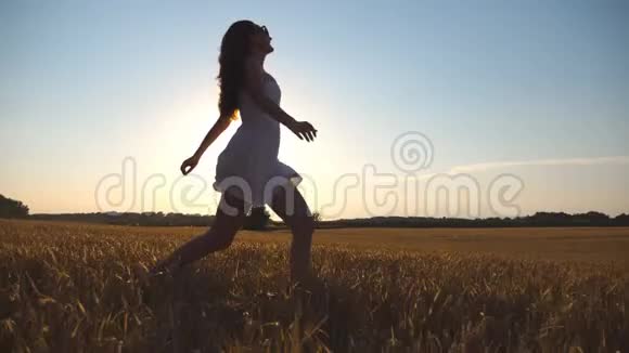 日落时小女孩正沿着蓝天下的麦田奔跑女人正在草地上慢跑太阳照耀着视频的预览图