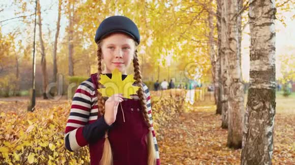 公园里抱着黄色枫叶的可爱沉思的孩子视频的预览图