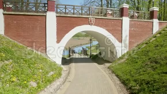 春日有石桥的绿色公园视频的预览图