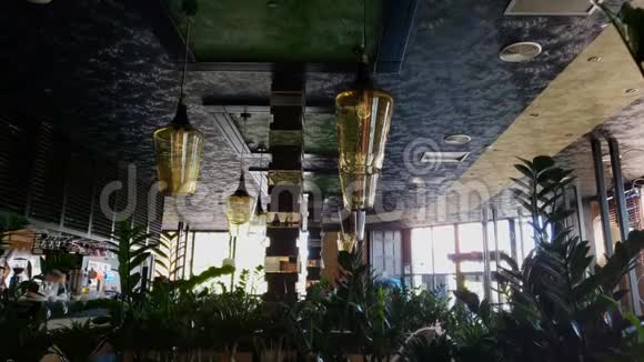 餐厅公共场所内的现代灯具和绿植视频的预览图