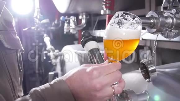 小企业和制造理念啤酒厂工人用玻璃倒啤酒视频的预览图