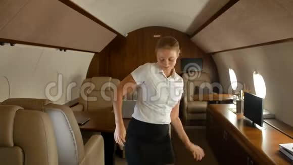 快乐成功的女企业家在私人飞机舱跳舞视频的预览图