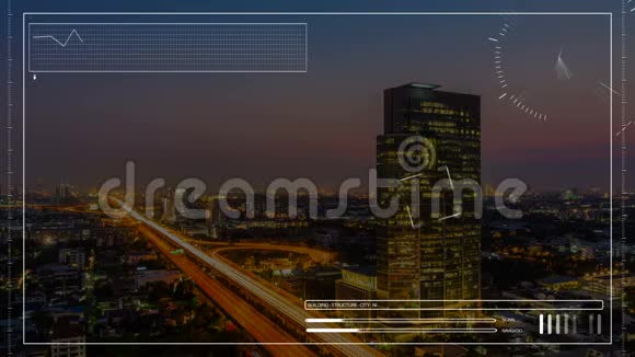 工程技术中城市夜景中摩天大楼建筑计算机全息图分析动画视频的预览图